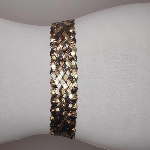 Vintage Gold Bronze Pewter Woven Belt Gold Toned Unique Circular Pivot Buckle - Picture 7 of 14